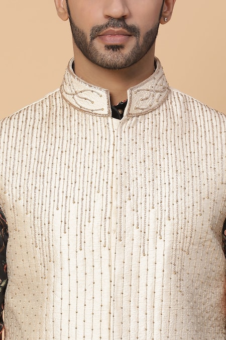 Kudrat Couture_Black Cotton Printed Floral Motifs Bundi With Kurta Set_at_Aza_Fashions