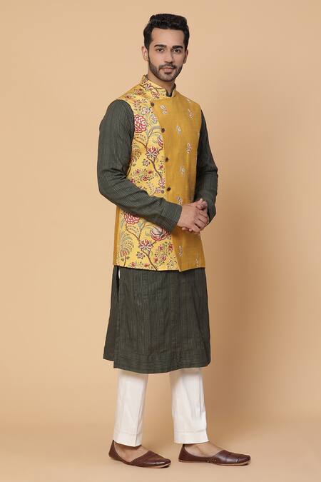 Kudrat Couture_Yellow Lurex Printed Floral Motifs Bundi And Kurta Set_Online_at_Aza_Fashions