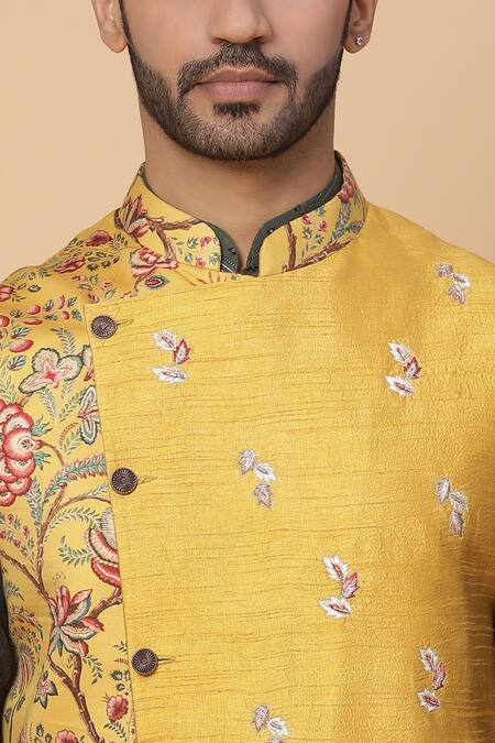 Kudrat Couture_Yellow Lurex Printed Floral Motifs Bundi And Kurta Set_at_Aza_Fashions