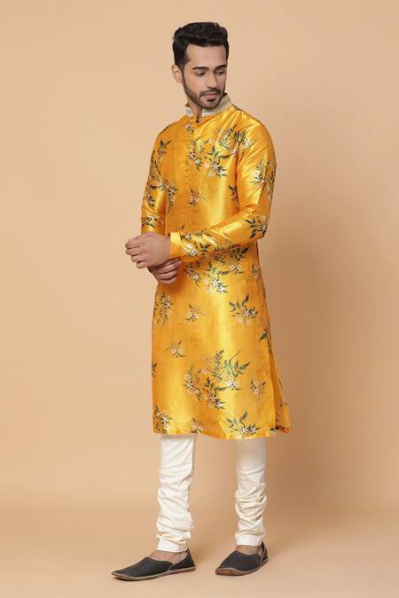 Buy_Kudrat Couture_Yellow Silk Printed Floral Motifs Marigold Kurta_Online_at_Aza_Fashions