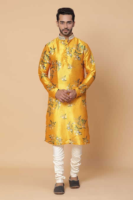 Shop_Kudrat Couture_Yellow Silk Printed Floral Motifs Marigold Kurta_Online_at_Aza_Fashions