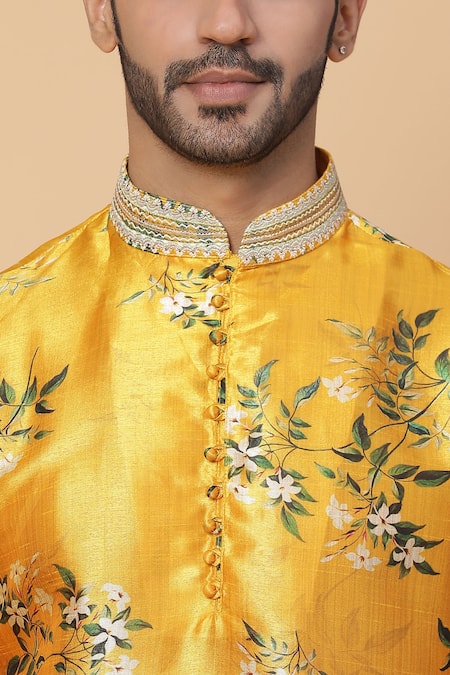 Kudrat Couture_Yellow Silk Printed Floral Motifs Marigold Kurta_at_Aza_Fashions