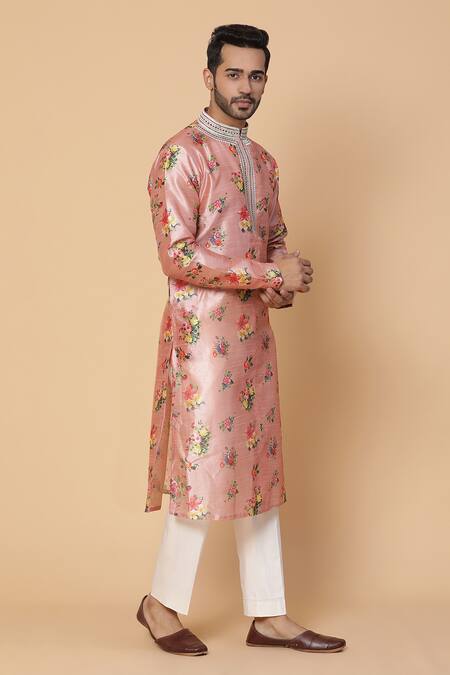 Kudrat Couture_Pink Silk Printed Floral Motifs Kurta_Online_at_Aza_Fashions
