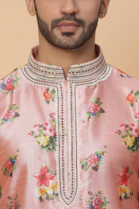 Kudrat Couture_Pink Silk Printed Floral Motifs Kurta_at_Aza_Fashions