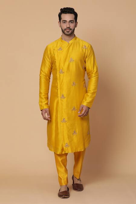 Shop_Kudrat Couture_Yellow Chanderi Floral Motifs Embroidered Kurta Set_Online_at_Aza_Fashions