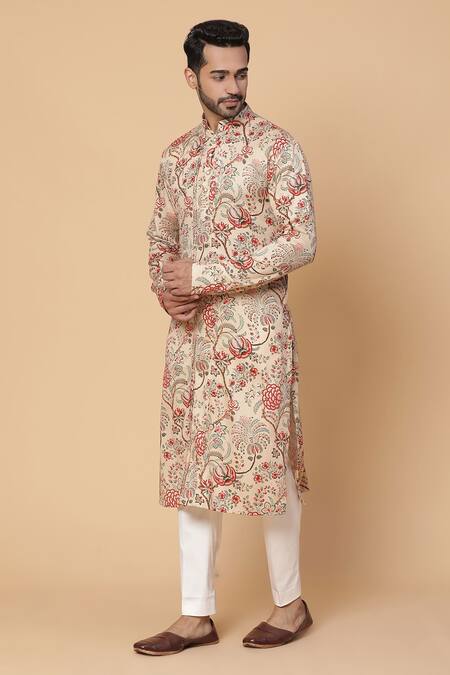 Buy_Kudrat Couture_Maroon Raw Silk Printed Print Floral Motifs Embroidery Bundi And Kurta Set_Online_at_Aza_Fashions