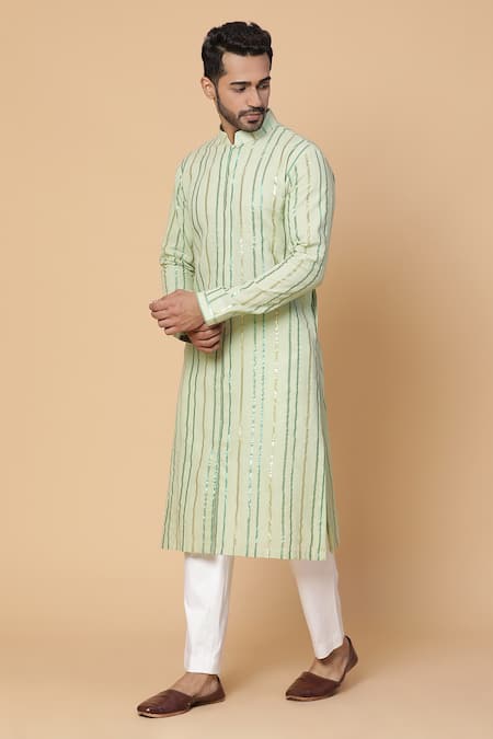 Kudrat Couture_Green Cotton Striped Kurta Set_Online_at_Aza_Fashions