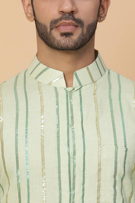 Buy_Kudrat Couture_Green Cotton Striped Kurta Set_Online_at_Aza_Fashions