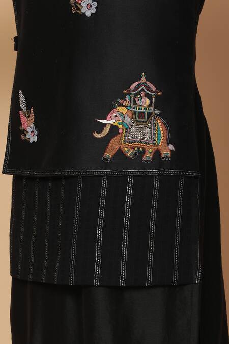 Shop_Kudrat Couture_Black Chanderi Embroidered Elephant And Floral Motifs Layered Kurta & Churidar Set_Online_at_Aza_Fashions
