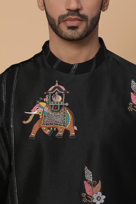 Kudrat Couture_Black Chanderi Embroidered Elephant And Floral Motifs Layered Kurta & Churidar Set_at_Aza_Fashions