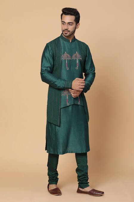 Kudrat Couture_Green Chanderi, Lycra, Lurex Umbrella Motifs Embroidered Kurta Set_Online_at_Aza_Fashions