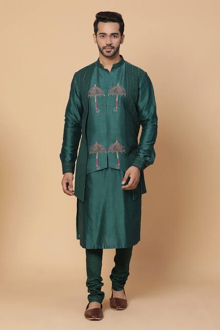 Buy_Kudrat Couture_Green Chanderi, Lycra, Lurex Umbrella Motifs Embroidered Kurta Set_Online_at_Aza_Fashions