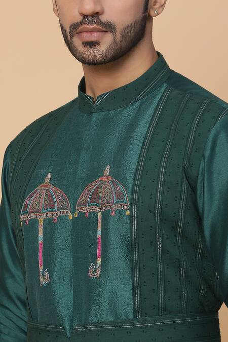 Kudrat Couture_Green Chanderi, Lycra, Lurex Umbrella Motifs Embroidered Kurta Set_at_Aza_Fashions