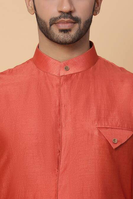 Shop_Kudrat Couture_Orange Silk, Chanderi, Lycra Overlap Flap Kurta Set_Online_at_Aza_Fashions