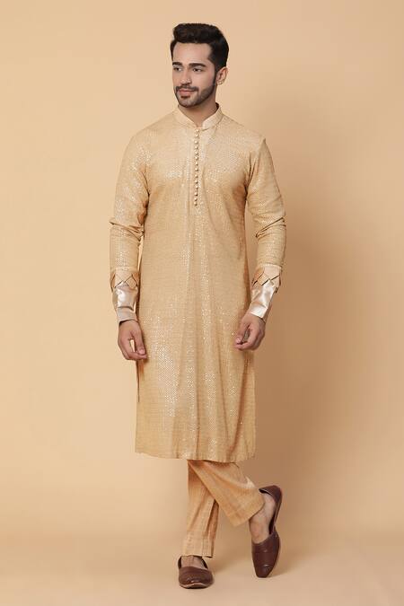 Shop_Kudrat Couture_Beige Fabric Embroidered Lehar Jacket And Kurta Set_Online_at_Aza_Fashions