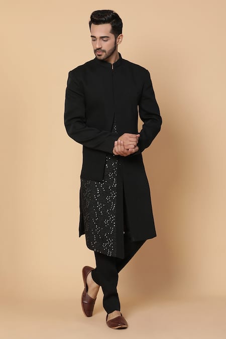 Kudrat Couture Black Viscose Embroidered Sequins Sherwani And Pant Set 