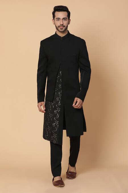 Buy_Kudrat Couture_Black Silk, Viscose Sequins Sherwani And Pant Set_Online_at_Aza_Fashions