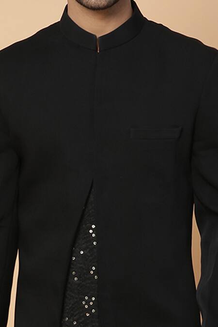 Kudrat Couture_Black Silk, Viscose Sequins Sherwani And Pant Set_at_Aza_Fashions