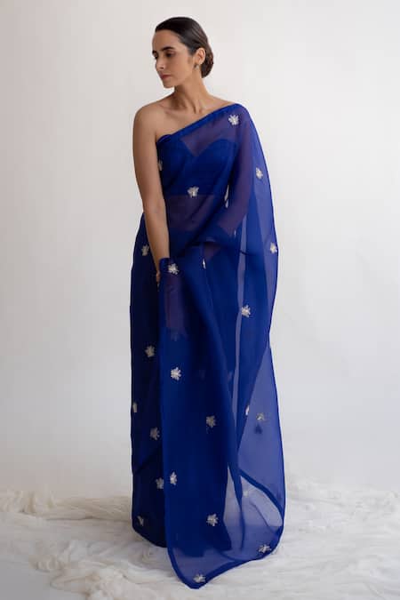 Kapardara_Blue Silk Organza Embroidered Saree _Online_at_Aza_Fashions