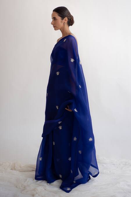 Buy_Kapardara_Blue Silk Organza Embroidered Saree _Online_at_Aza_Fashions