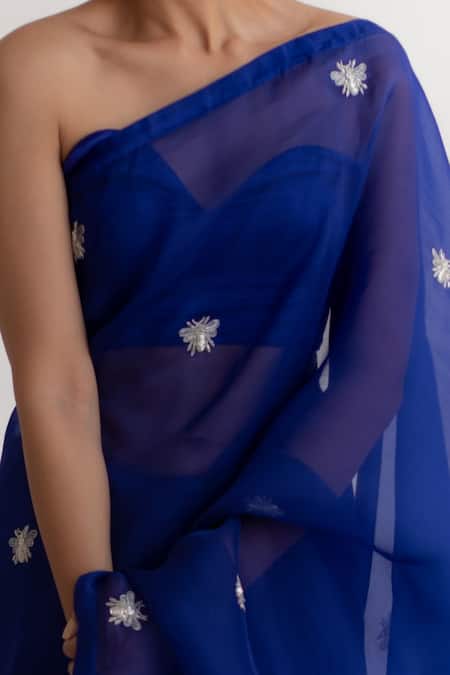 Shop_Kapardara_Blue Silk Organza Embroidered Saree _Online_at_Aza_Fashions