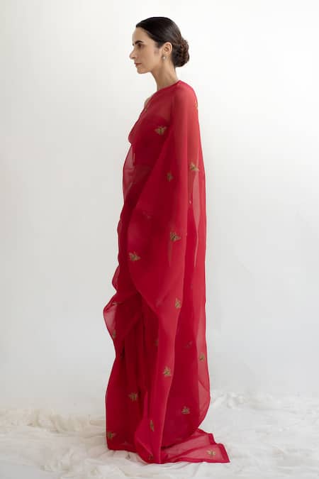 Buy_Kapardara_Red Silk Organza Embroidered Saree _Online_at_Aza_Fashions