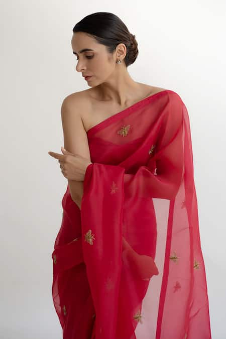 Shop_Kapardara_Red Silk Organza Embroidered Saree _Online_at_Aza_Fashions