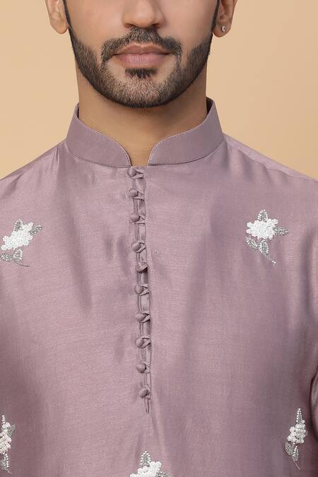 Shop_Kudrat Couture_Purple Chanderi, Lycra Pearls Embroidered Kurta Set_Online_at_Aza_Fashions