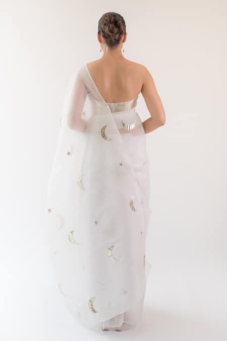 Shop_Kapardara_Ivory Pure Silk Organza Embroidery Zari Saree  _at_Aza_Fashions