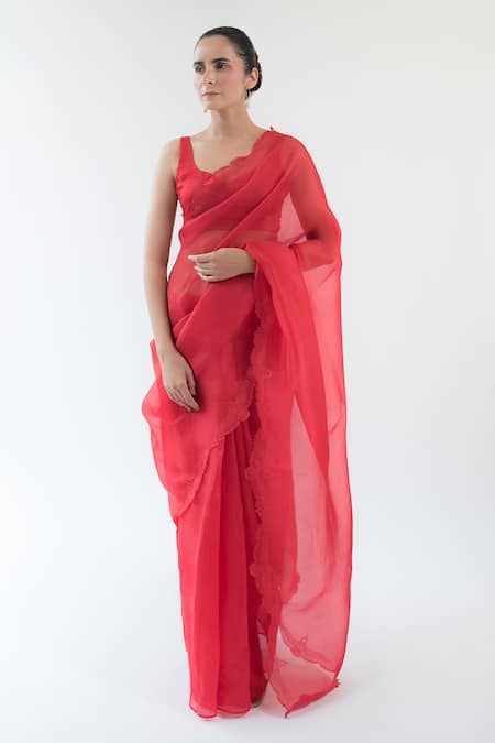 Shop_Kapardara_Red Silk Organza Embroidery Thread Border Saree  _at_Aza_Fashions