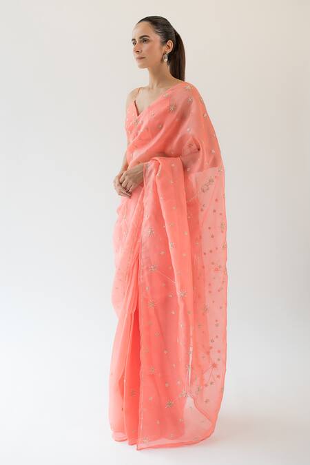 Kapardara_Coral Pure Silk Organza Sequin And Zardozi, Dabka, Salma Star Embroidered Saree _Online_at_Aza_Fashions