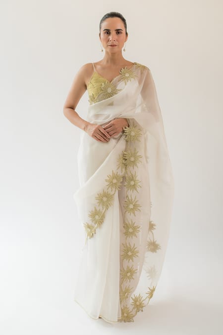 Kapardara_Ivory Pure Silk Organza Aari And Pearls, Floral Border Embroidered Saree _Online_at_Aza_Fashions