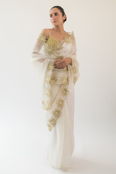 Shop_Kapardara_Ivory Pure Silk Organza Aari And Pearls, Floral Border Embroidered Saree _Online_at_Aza_Fashions