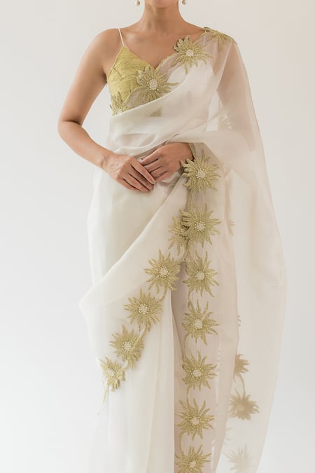 Kapardara_Ivory Pure Silk Organza Aari And Pearls, Floral Border Embroidered Saree _at_Aza_Fashions