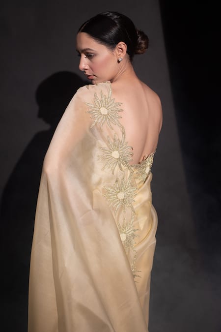 Shop_Kapardara_Yellow Pure Silk Organza Aari And Pearls, Floral Border Embroidered Saree _at_Aza_Fashions
