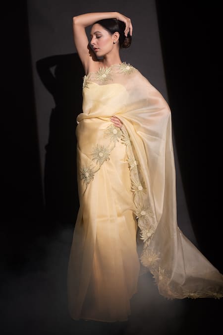 Kapardara_Yellow Pure Silk Organza Aari And Pearls, Floral Border Embroidered Saree _Online_at_Aza_Fashions