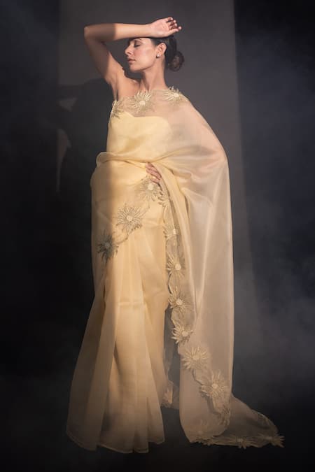 Buy_Kapardara_Yellow Pure Silk Organza Aari And Pearls, Floral Border Embroidered Saree _Online_at_Aza_Fashions