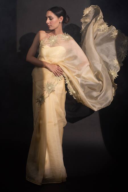 Shop_Kapardara_Yellow Pure Silk Organza Aari And Pearls, Floral Border Embroidered Saree _Online_at_Aza_Fashions