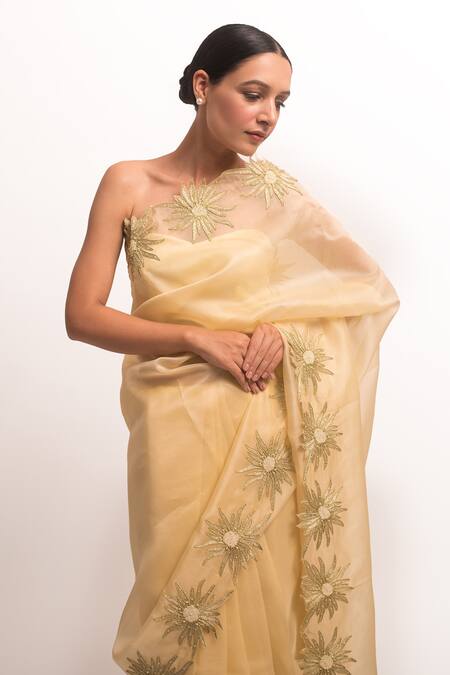 Kapardara_Yellow Pure Silk Organza Aari And Pearls, Floral Border Embroidered Saree _at_Aza_Fashions