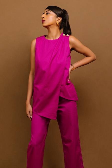 Buy_Kranberra_Magenta Cotton Plain Round Windsor Draped Top And Pant Set _Online_at_Aza_Fashions