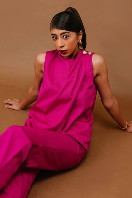Kranberra_Magenta Cotton Plain Round Windsor Draped Top And Pant Set _at_Aza_Fashions