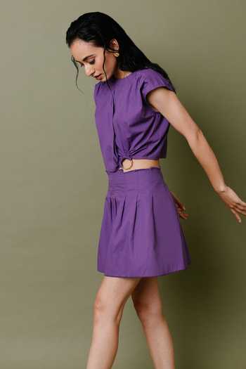 Kranberra_Purple Cotton Plain Round Martini Pleated Top And Skirt Set _Online_at_Aza_Fashions