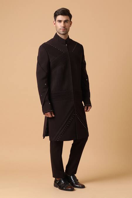 Kudrat Couture_Brown Corduroy Pintuck Bandhgala Set_Online_at_Aza_Fashions