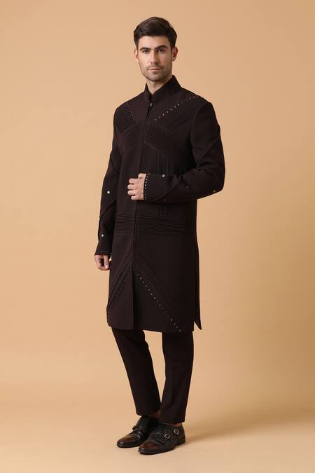 Buy_Kudrat Couture_Brown Corduroy Pintuck Bandhgala Set_Online_at_Aza_Fashions