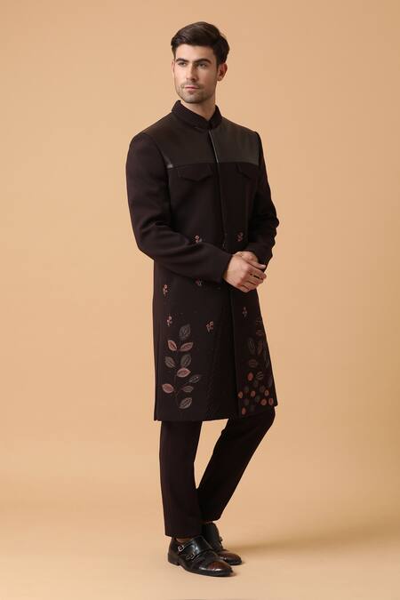 Kudrat Couture_Brown Corduroy Bandhgala Set_Online_at_Aza_Fashions