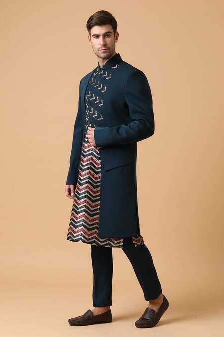 Buy_Kudrat Couture_Blue Cotton Lycra Viscose Embroidered Jacket And Kurta Set_Online_at_Aza_Fashions
