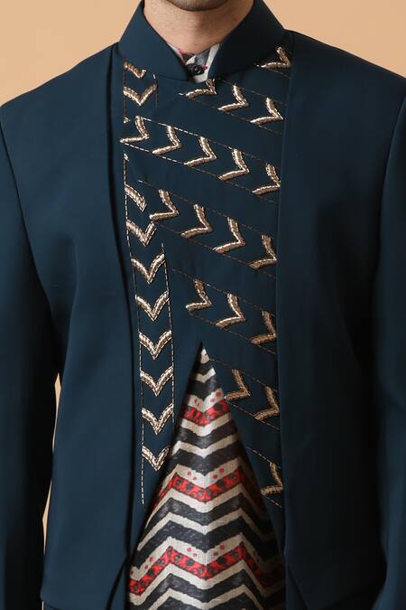 Kudrat Couture_Blue Cotton Lycra Viscose Embroidered Jacket And Kurta Set_at_Aza_Fashions