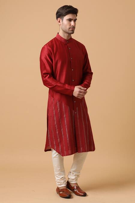 Kudrat Couture_Red Lurex, Chanderi Silk Panelled Kurta Set_Online_at_Aza_Fashions