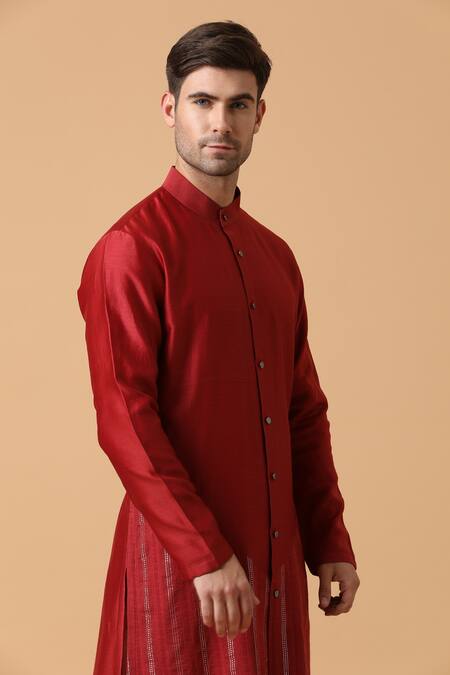Kudrat Couture_Red Lurex, Chanderi Silk Panelled Kurta Set_at_Aza_Fashions