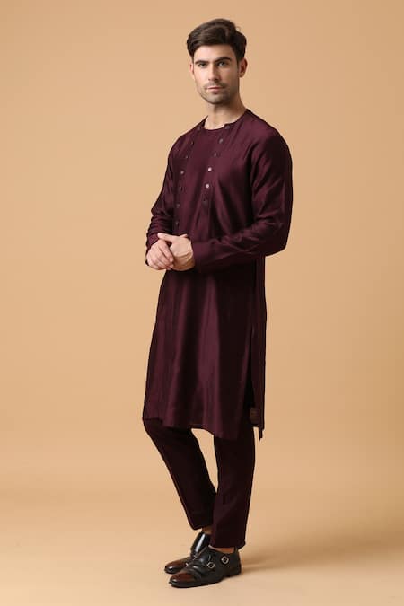 Kudrat Couture_Maroon Cotton Lycra, Chanderi Silk Panelled Kurta Set_Online_at_Aza_Fashions